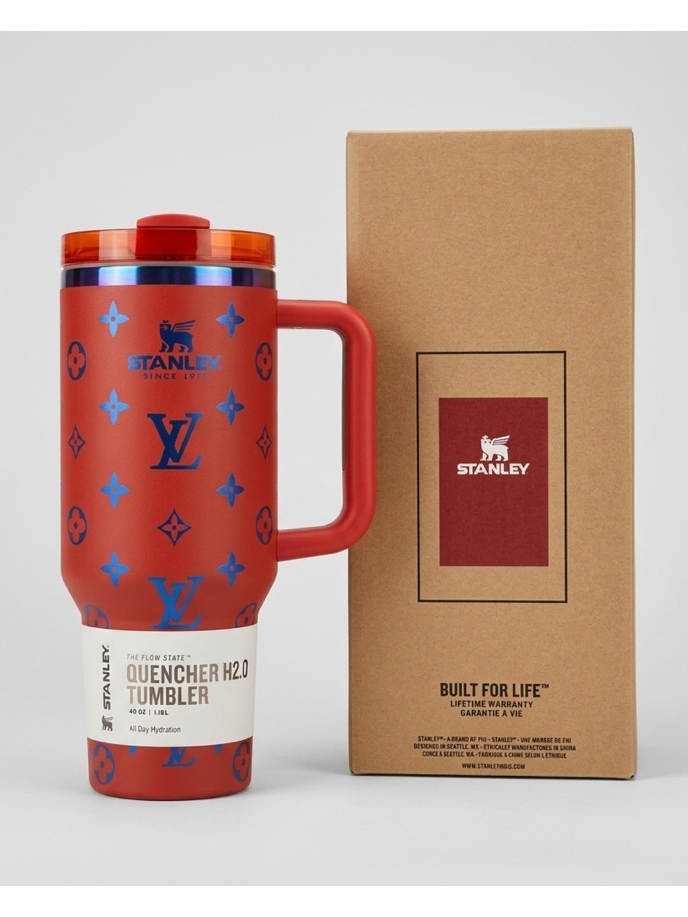 Stanley 40oz Quencher LV Inspired Tumbler Red Blue Monogram NEW